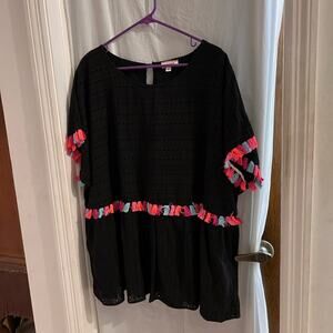 Andree by unit black eyelet babydoll top multicolor tassel trim size 3x